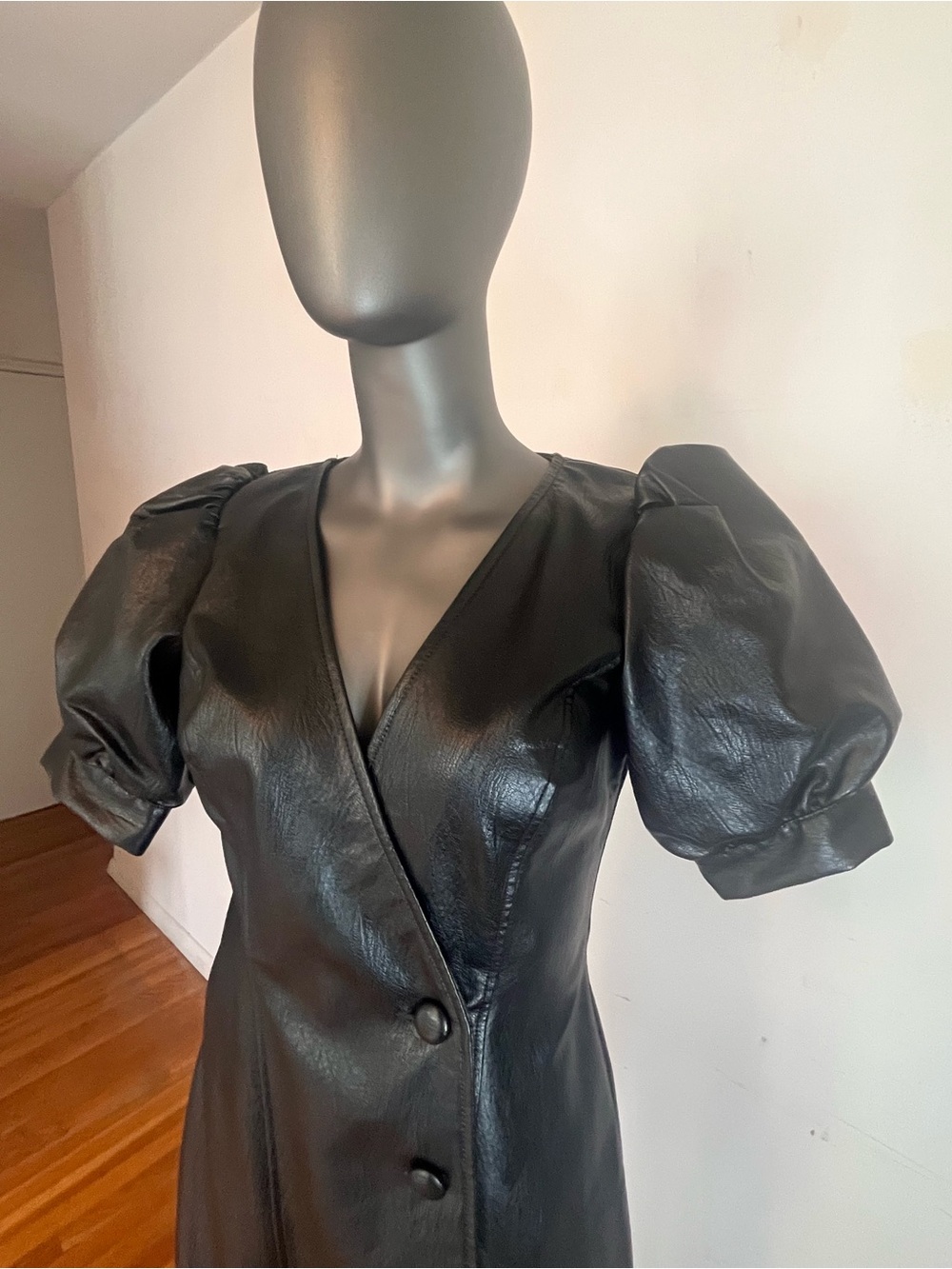 ASOS Black Faux Leather Puff-Sleeve Wrap Dress - Picture 3 of 9